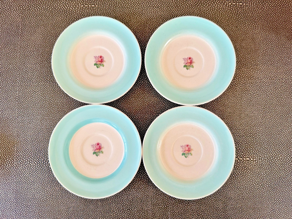 Vintage Turquoise Blue Pink Rose Dessert Plate Set of 4 Unmarked China 6" Floral